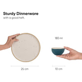 Ceramic Dinner Set Of 12 Pcs, Teal Ivory | Crockery Set For Dining Table - Dining Sets Crockery Items | Glossy Finish Premium Stoneware - 6 Dinner Plates + 6 Veg Small Bowls, 180ml Each